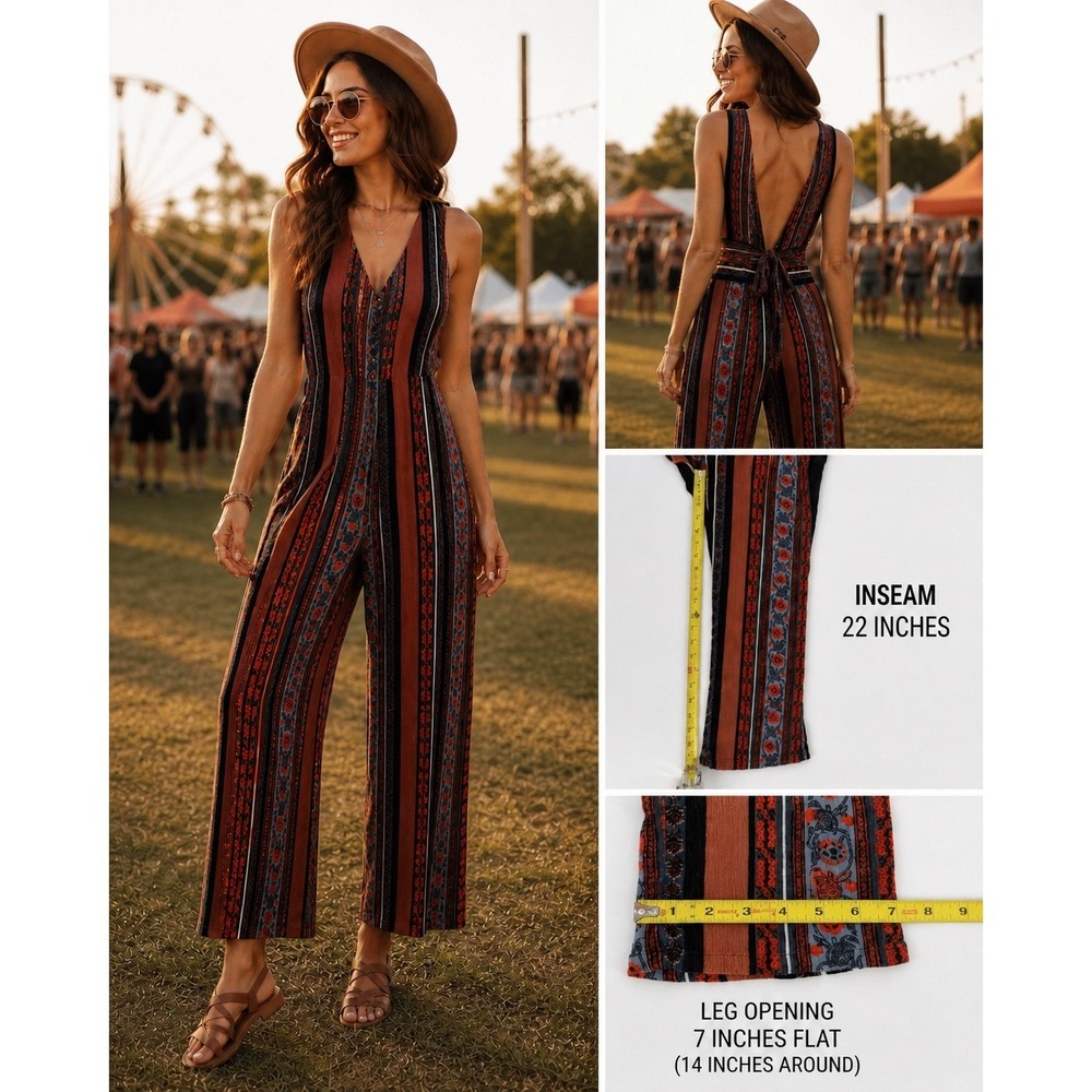 Free People Boho Jumpsuit Womens 4‎ Cropped Straight Leg Tie Back Festival